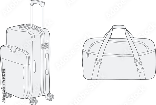 Detailed travel luggage and duffel bag line art illustration for tourism, vacation packing, baggage design, transport and travel accessories