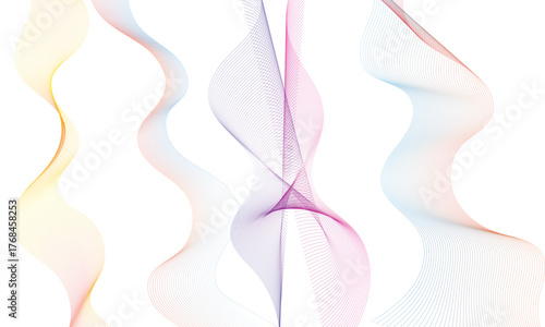 Abstract flowing lines with subtle rainbow color gradients create a sense of elegant movement and ethereal beauty on a clean white background