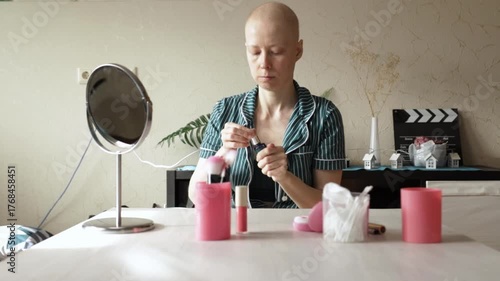 Bald woman after chemotherapy applies skincare serum in front of a mirror at home, representing beauty, self-care, and confidence during cancer recovery