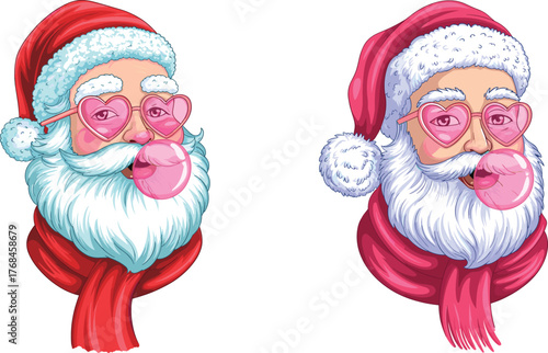 Trendy modern Santa Claus portrait blowing bubble gum with heart sunglasses and Christmas hat stylish holiday fun festive illustration