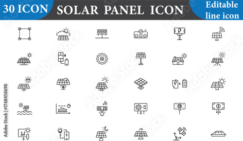 A set of solar panel icons for renewable energy. These icons represent clean energy, sustainable technology, and environmental responsibility. Vector illustration, isolated.