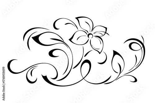 stylized flower on a curved stem with leaves and curls; graphic decor