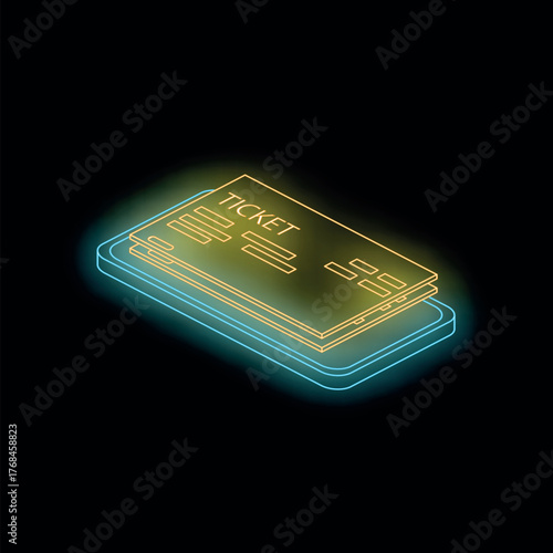 Glowing neon ticket icon displayed on a smartphone, symbolizing online booking and purchasing of tickets for entertainment and travel