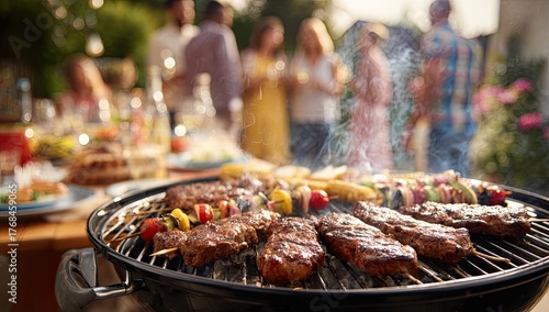Fototapeta Naklejka Na Ścianę i Meble -  Juicy grilled meats and vegetables cooking on a BBQ with people