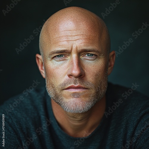 A bald man with sharp features gazes intensely into the lens, full of emotion