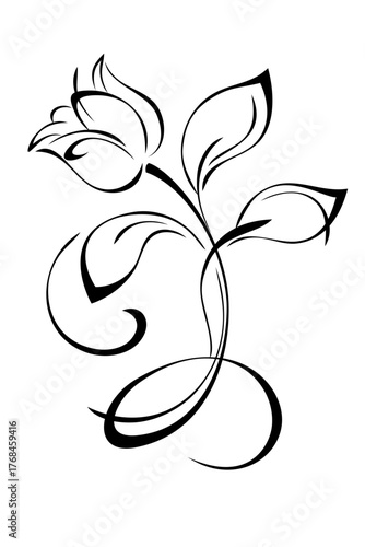 stylized flower on a curved stem with leaves and curls; graphic decor