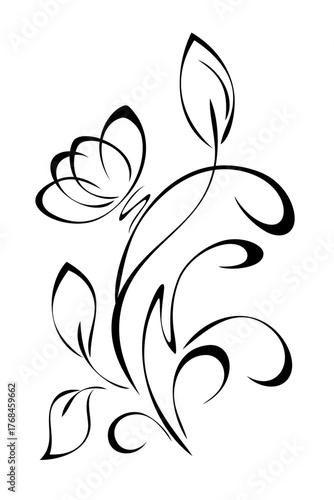stylized flower on a curved stem with leaves and curls; graphic decor