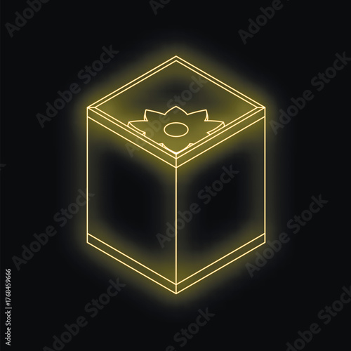 Neon cube protecting lotus flower symbolizing purity and enlightenment, glowing on black background