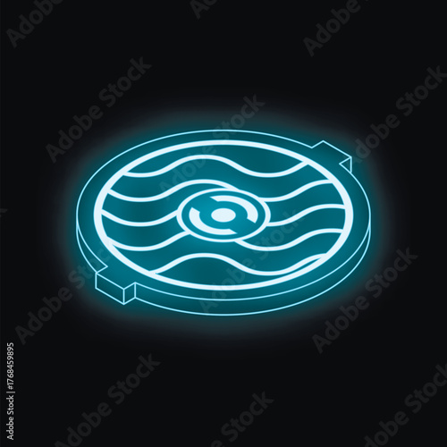 Glowing neon blue manhole cover isometric view on black background