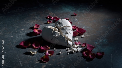 sorrow. A broken ceramic heart and scattered rose petals on a dark surface with dramatic shadows. wellbeing guides, coaching materials, designed for mental health education and mindfulness programs.