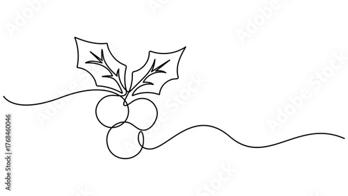 Vector continuous one line art drawing of holly berries leaves icon, for Christmas decoration in minimalist on a white background. Christmas holly berry and leaves simple vector illustration