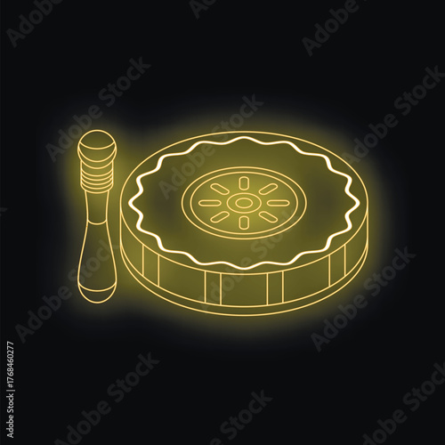 Neon yellow outline of mooncake and pestle symbolizes the mid autumn festival, a traditional harvest festival celebrated in east and southeast asia