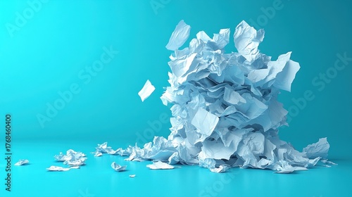 A bright blue background showcases a creative pile of crumpled paper