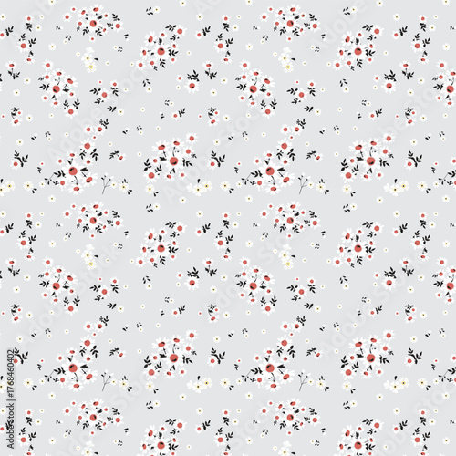 Modern Daisy Floral Seamless Pattern with Red Centers on Light Gray Background