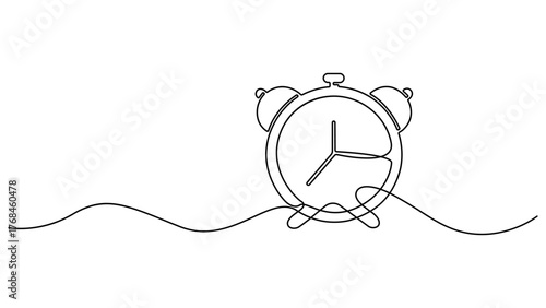 Continuous one line drawing of vintage alarm clock vector design. Single Line Drawing Alarm Clock. Clock with arrow, One thin line continuous symbol. Time Reminder Minimalist Vector Art.