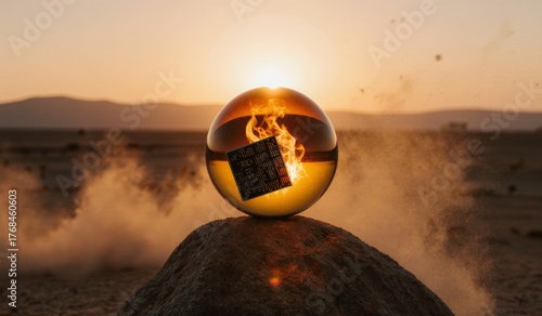 Mysterious sphere ignites against a sunset in a vast desert landscape Generative AI