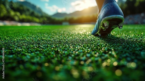 Cleats touch the vibrant grass during evening training as the sun sets behind mountains