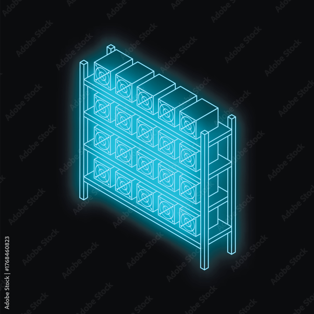 Fototapeta premium Cryptocurrency mining farm with asic devices generating digital currency on metal rack, isometric view on black background