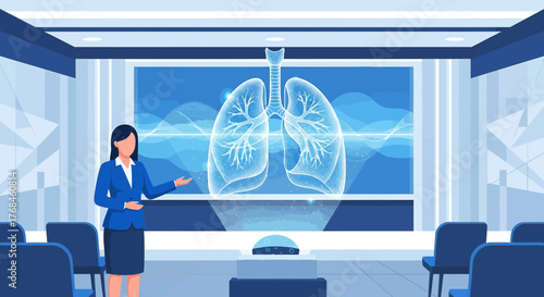 Illustrative presentation depicting respiratory system with presenter in conference room