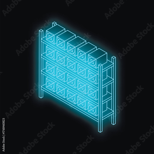 Cryptocurrency mining farm with asic devices generating digital currency on metal rack, isometric view on black background