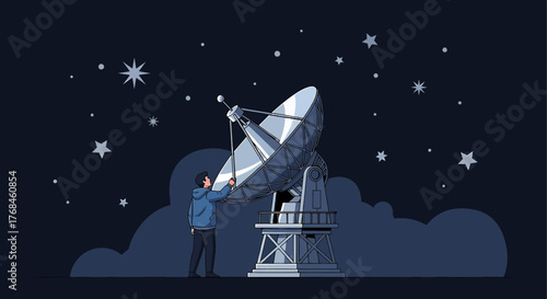 Illustrative stargazing scene featuring a man using a radio telescope to explore the cosmos
