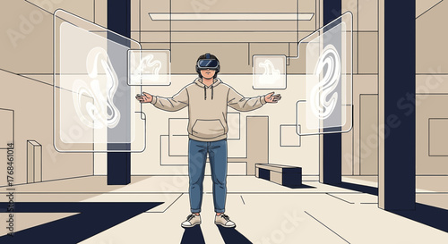 Immersive Virtual Reality Experience: A Man Exploring a Digital World with a VR Headset