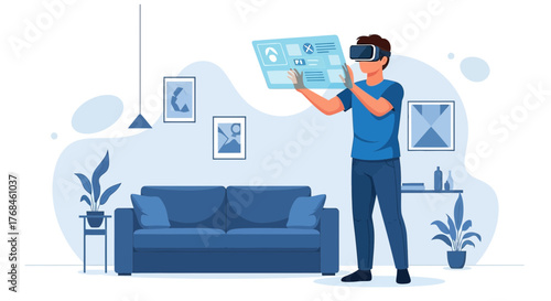 Immersive virtual reality experience in a modern living room with interactive display interface