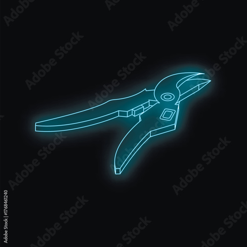 Neon blue outline of gardening secateurs isolated on black background, creating a futuristic and minimalist aesthetic