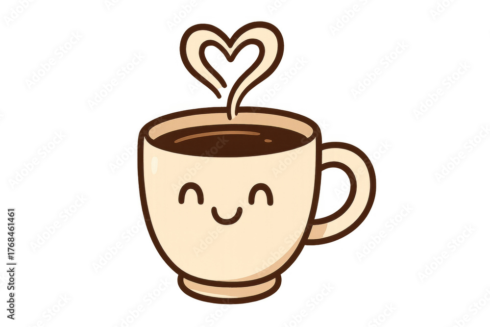 Obraz premium Cute coffee mug illustration in kawaii style with heart-shaped steam showing love and happiness, transparent background