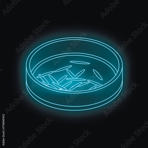 Glowing neon blue rice in a petri dish symbolizes food science research, genetic engineering, and agricultural innovation