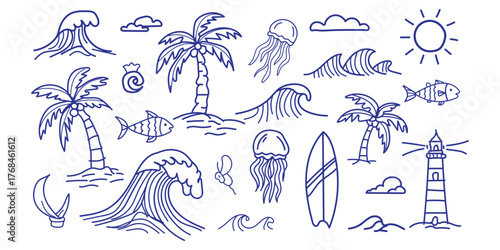 Collection of hand drawn blue line art beach and ocean elements including waves palm trees and lighthouse