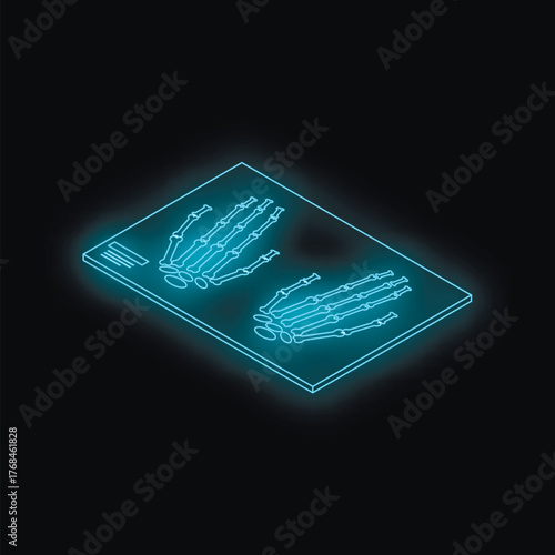Neon light radiograph showing human hand bones, medical and healthcare concept