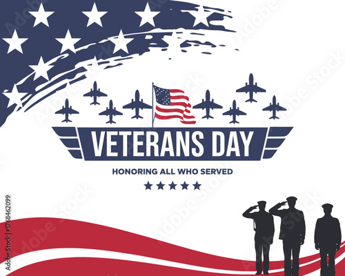Veterans Day Honoring Military Service Salute and American Flag Design for Patriotic Holiday Celebration Banner
