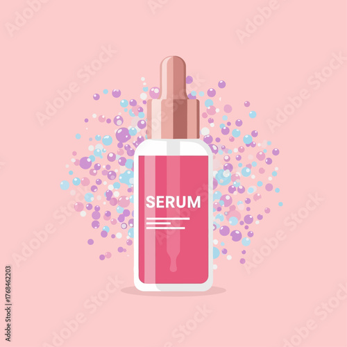 Pink Dropper Bottle of Cosmetic Serum with Sparkling Particles on Pastel Background