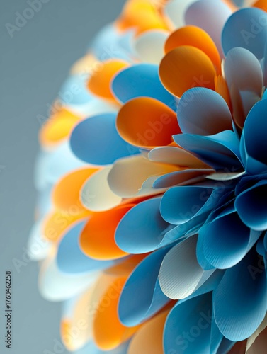 Blue and orange paper flower with petals, close-up, 3D rendering, digital art technology, poster design style
