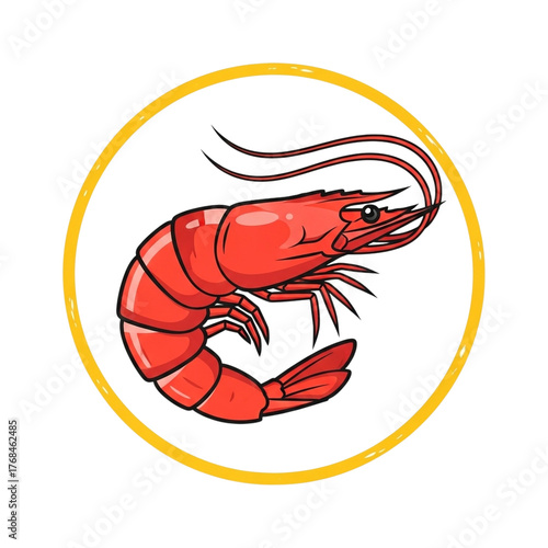 A stylized illustration of a red shrimp inside a yellow circle, isolated on transparent background