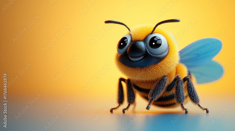 Naklejka premium A cute bee with fluffy fur joyfully buzzing against a glowing orange backdrop