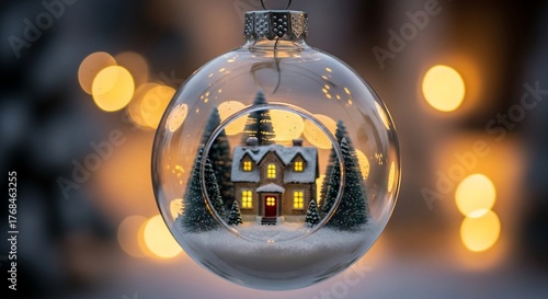 A charming christmas ornament featuring a tiny house nestled in a snowy landscape