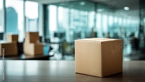 Cardboard box on table with office interior and cityscape background