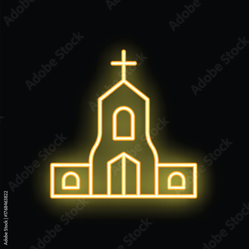 Golden neon church building glowing on black background, vector illustration