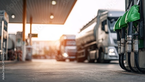 Fueling up large trucks at a gas station in the golden hour