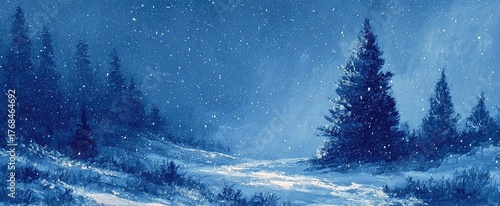 Snowy forest path under a dark blue, star-filled sky