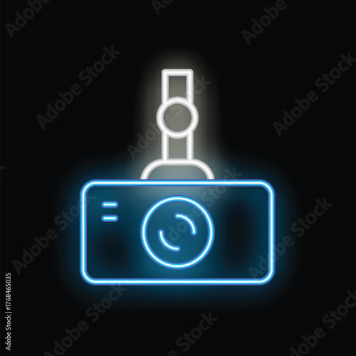 Blue neon icon of a dashboard camera recording the traffic while driving