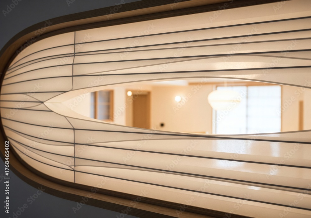 Obraz premium Abstract oval window with fabric screen and interior view in soft light