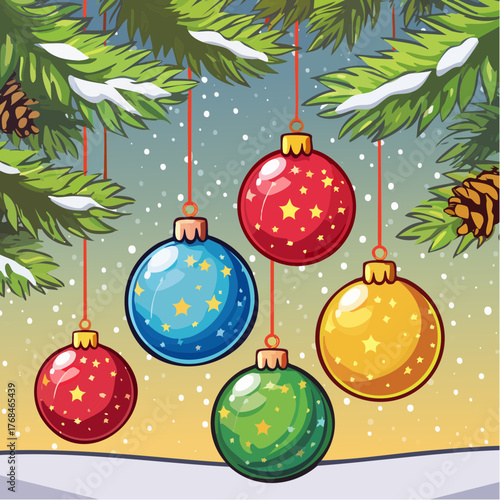 Christmas Ornaments Hanging on Pine Branches