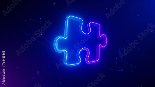 A glowing, neon puzzle piece against a gradient blue and purple background, with abstract dots