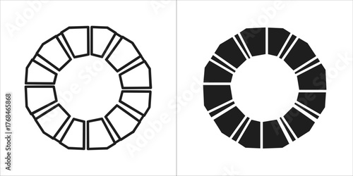 Set of two circular icons with segmented edges, one outlined and one filled