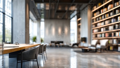 Cozy modern library lounge with ample seating and tall bookshelves