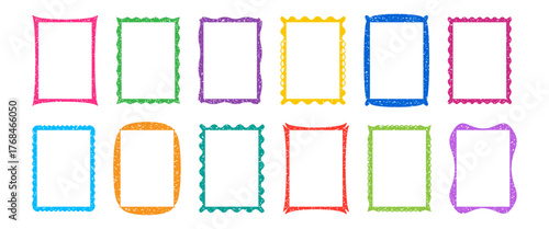 Frame crayon icon, colorful chalk border. Cute y2k pastel text box, rectangle grunge texture badge set isolated on white bg. Cartoon invitation card, groovy child banner. Holiday vector illustration
