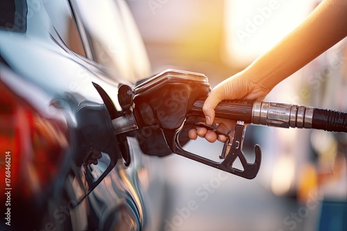 Hand fueling a car with a gas pump at sunset